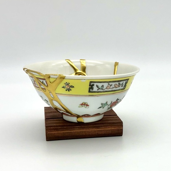 Kintsugi Bowl Chinese Jingdezen Floral Gold Crack Japanese Personal Growth Gift - Picture 11 of 17